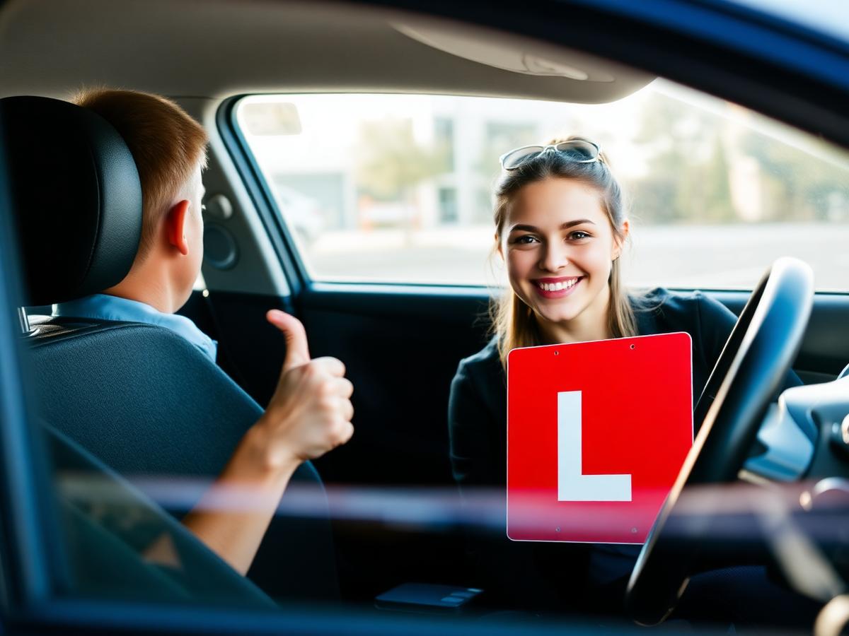 Learner driver holding an L-plate and giving a thumbs up