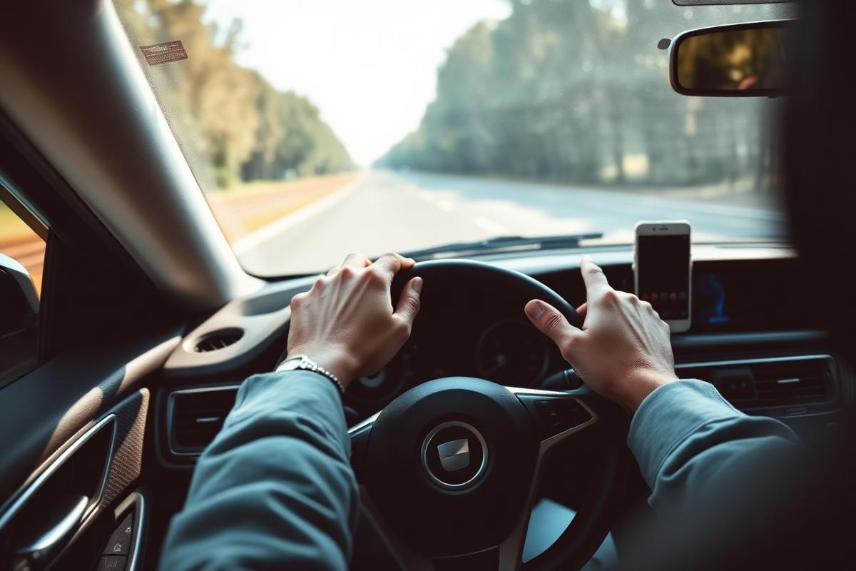 Driver at the wheel with a phone mounted on the windscreen